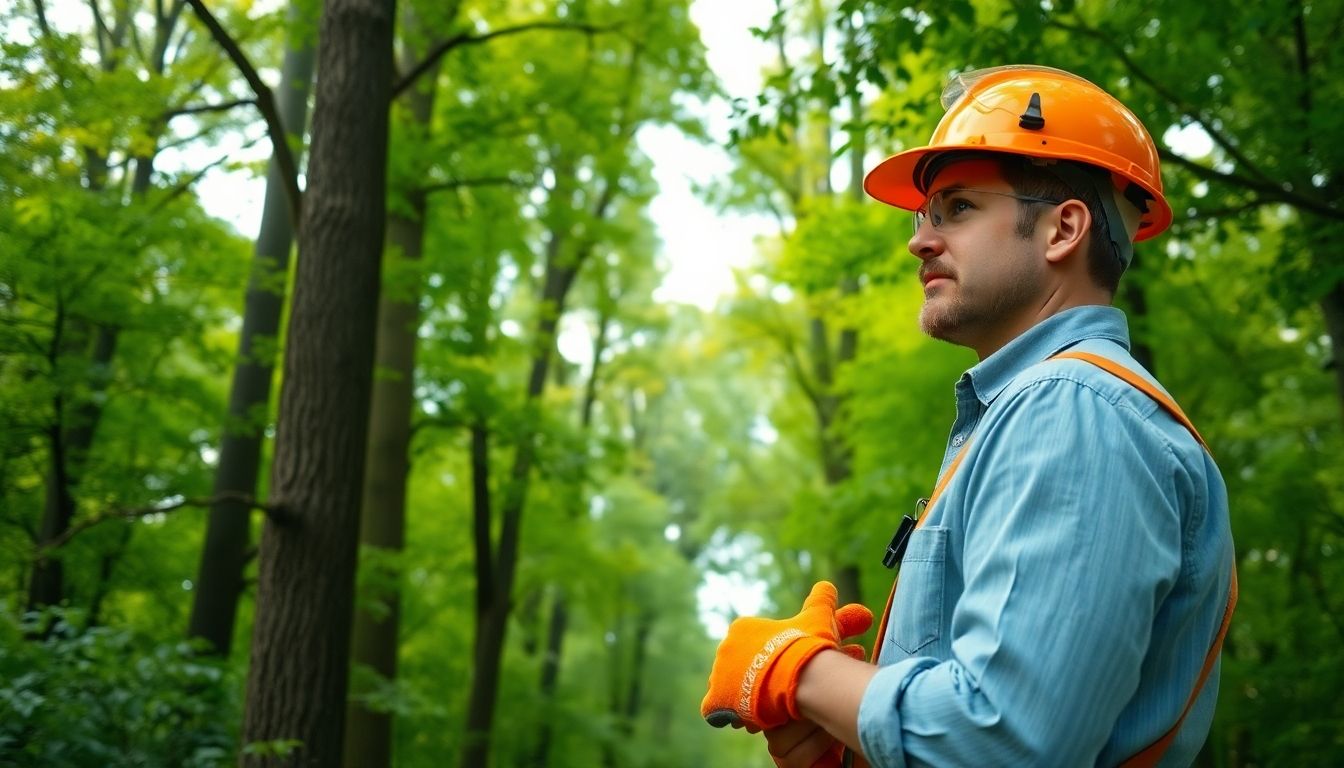 Arborist observing trees in a green forest.