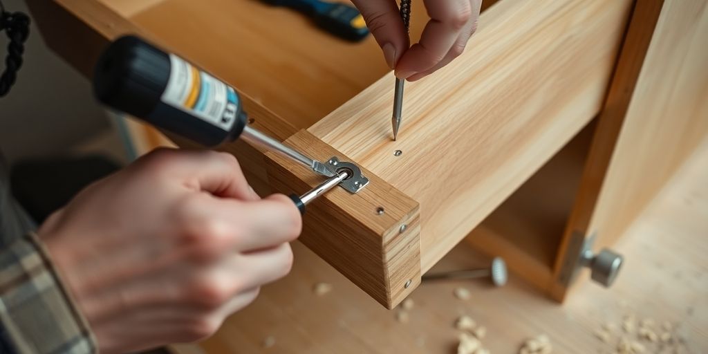 Person fixing a wooden drawer slide with tools.