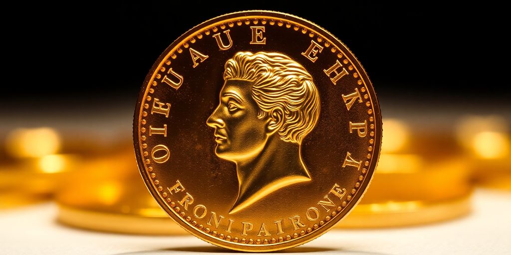 Pièce de monnaie en or Napoléon sur fond flou.