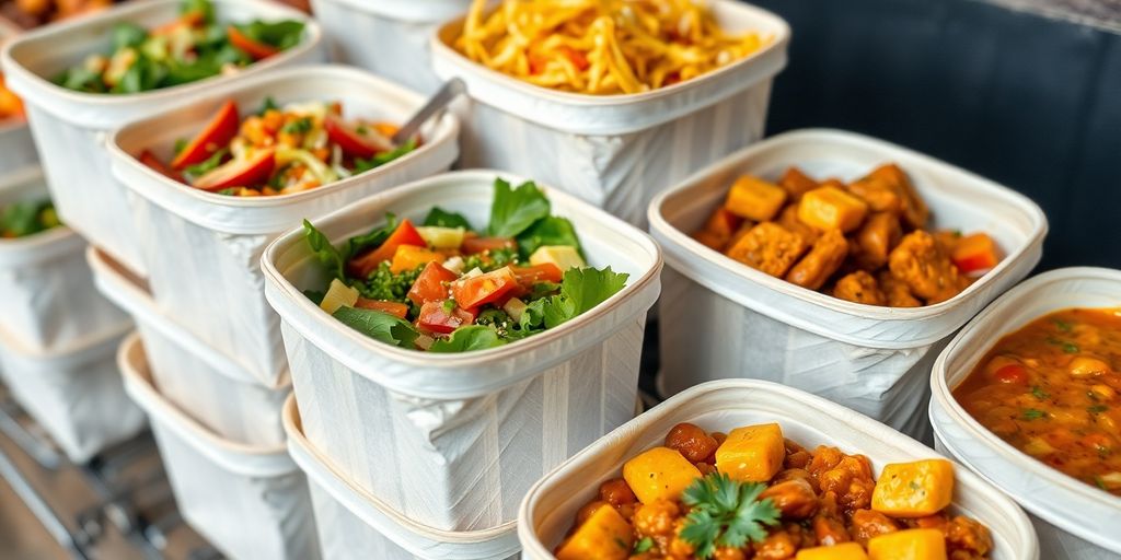 Sugarcane containers holding colourful vegan food.