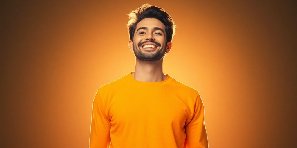 Person confidently standing and smiling, bathed in warm light.