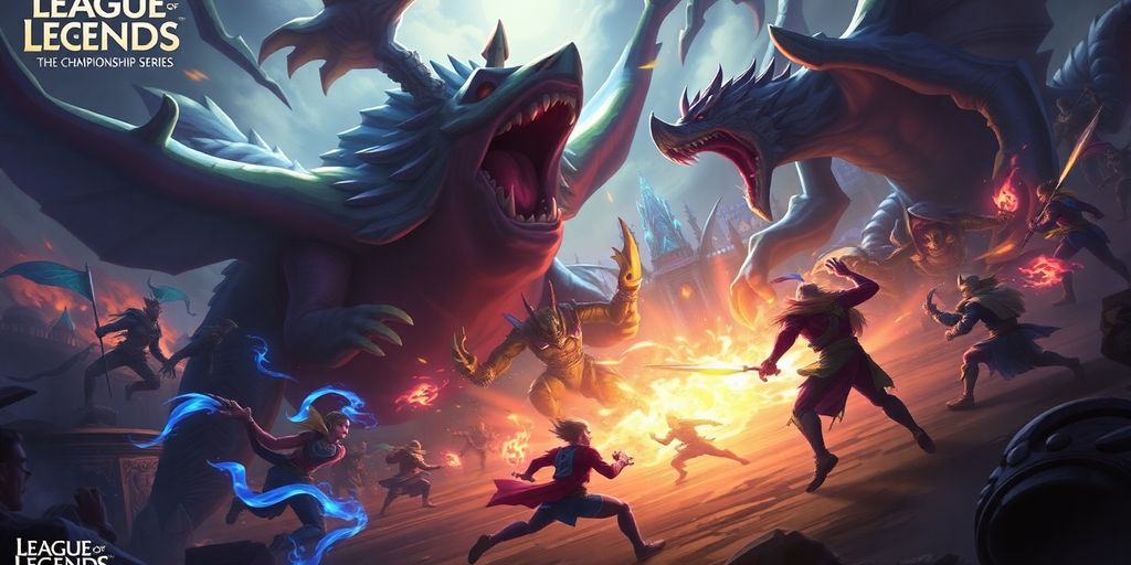 League of Legends teams battling on a vibrant arena.