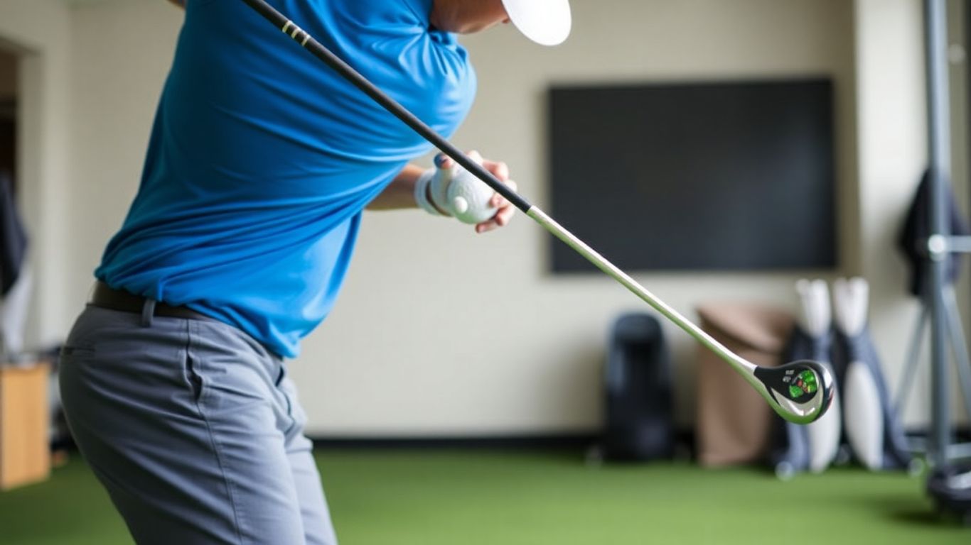 Golfer practicing indoor swing impact zone