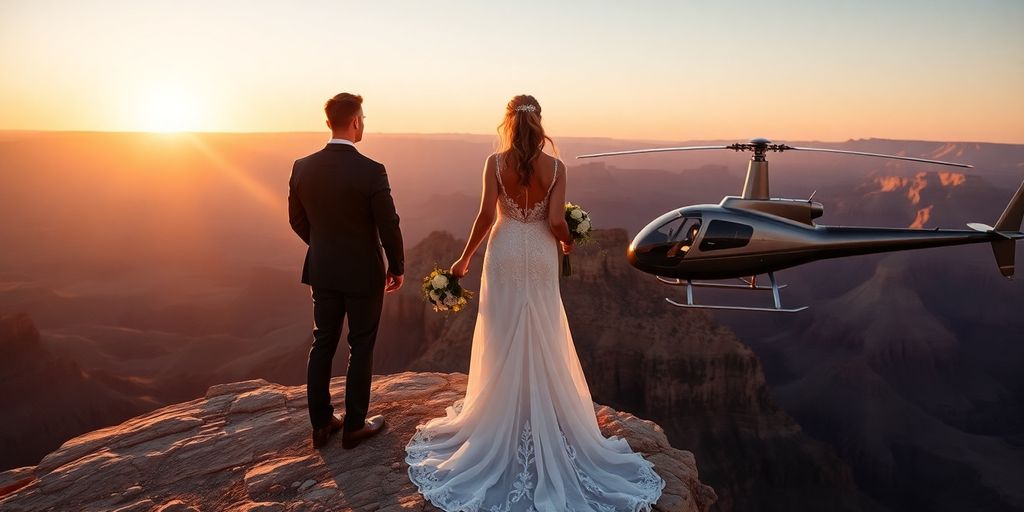 A couple in wedding attire with a helicopter at the Grand Canyon.