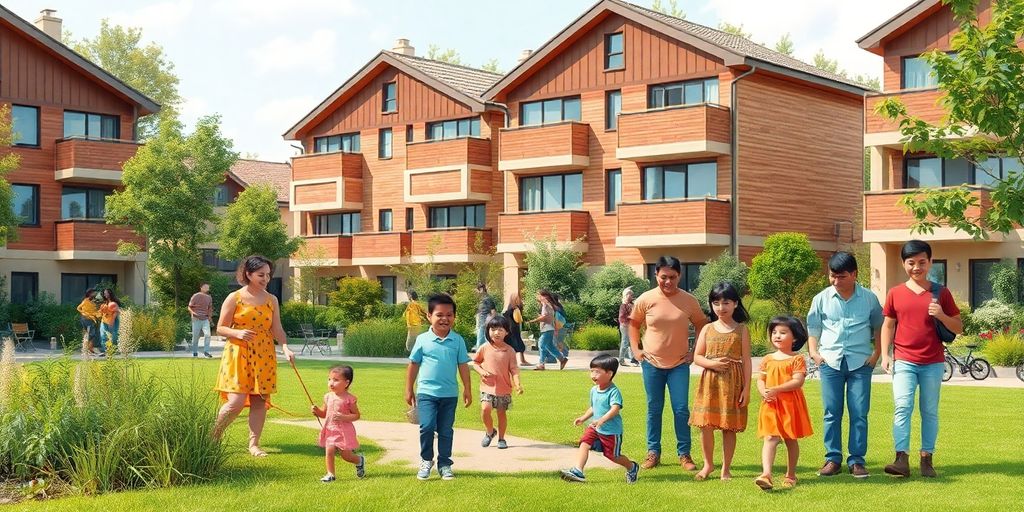 A scene of a diverse community with families.