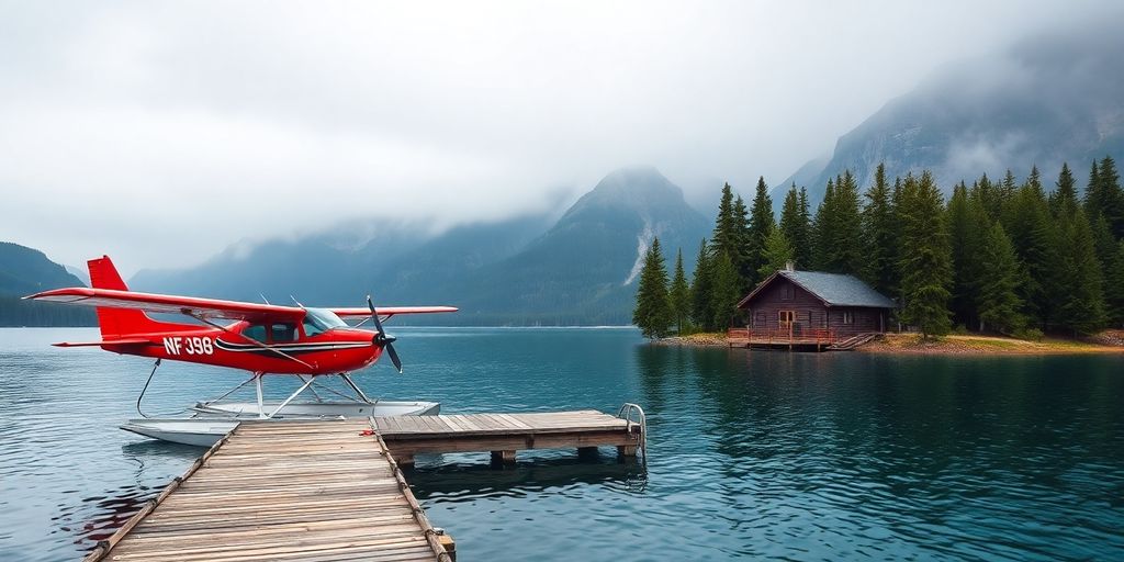 A floatplane docked by a remote log cabin in Alaska.