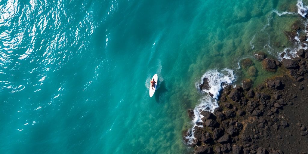 Aerial view of a surfer on a board in Maui.