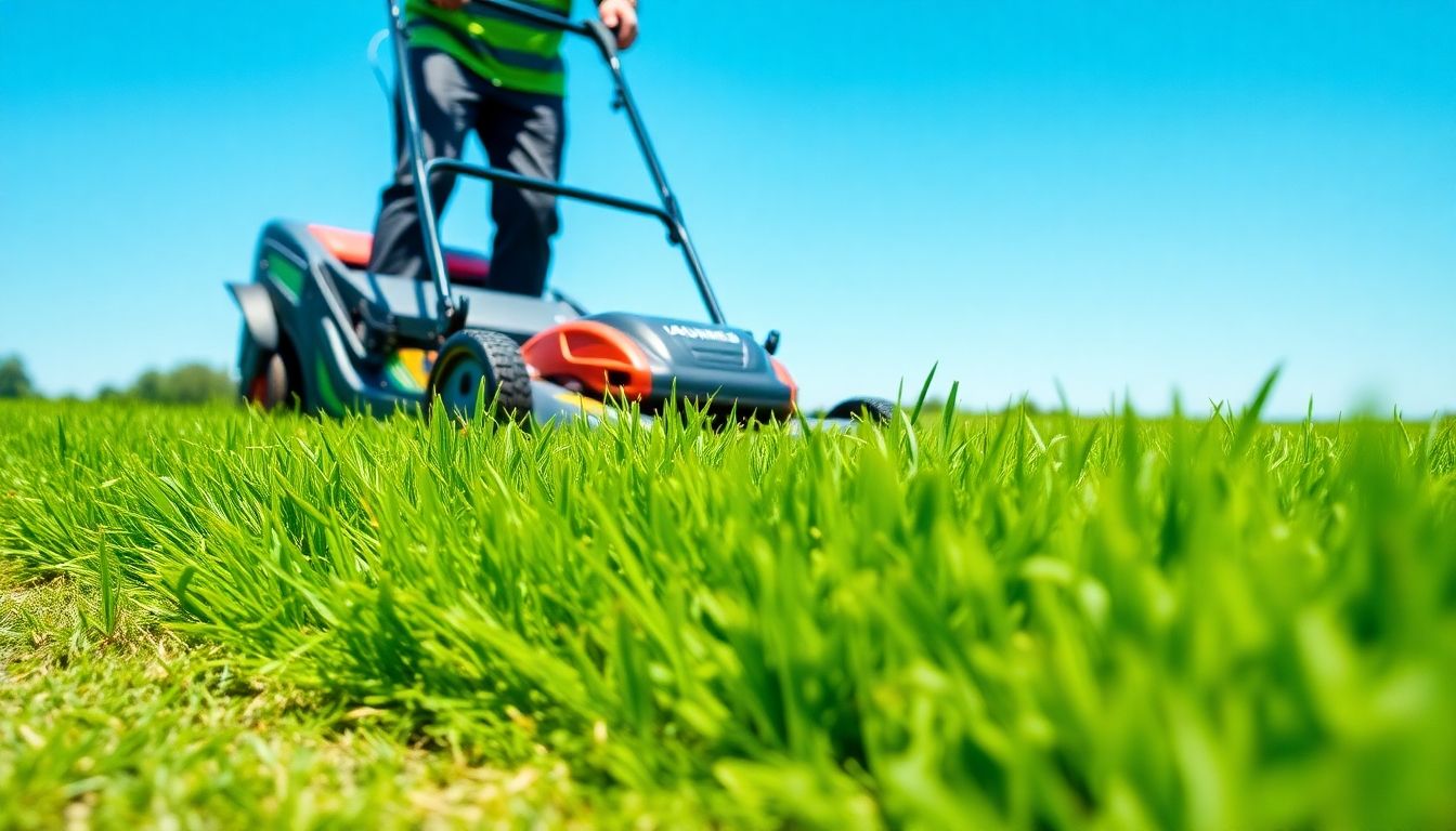 Professional mowing service on a lush green lawn.