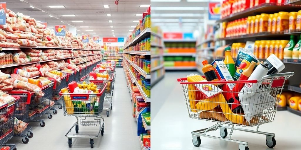 Produtos diversos em cestos de compras