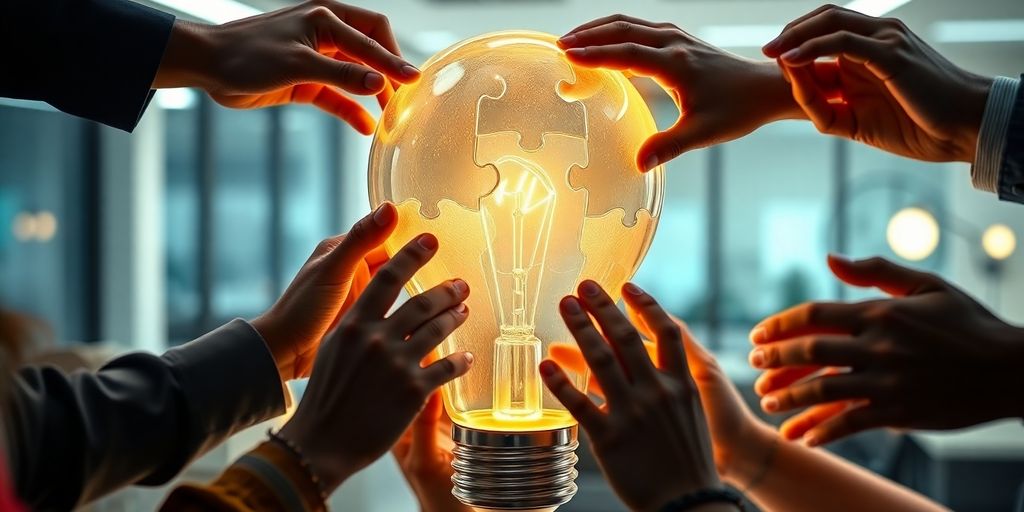 Diverse hands building a glowing lightbulb puzzle.