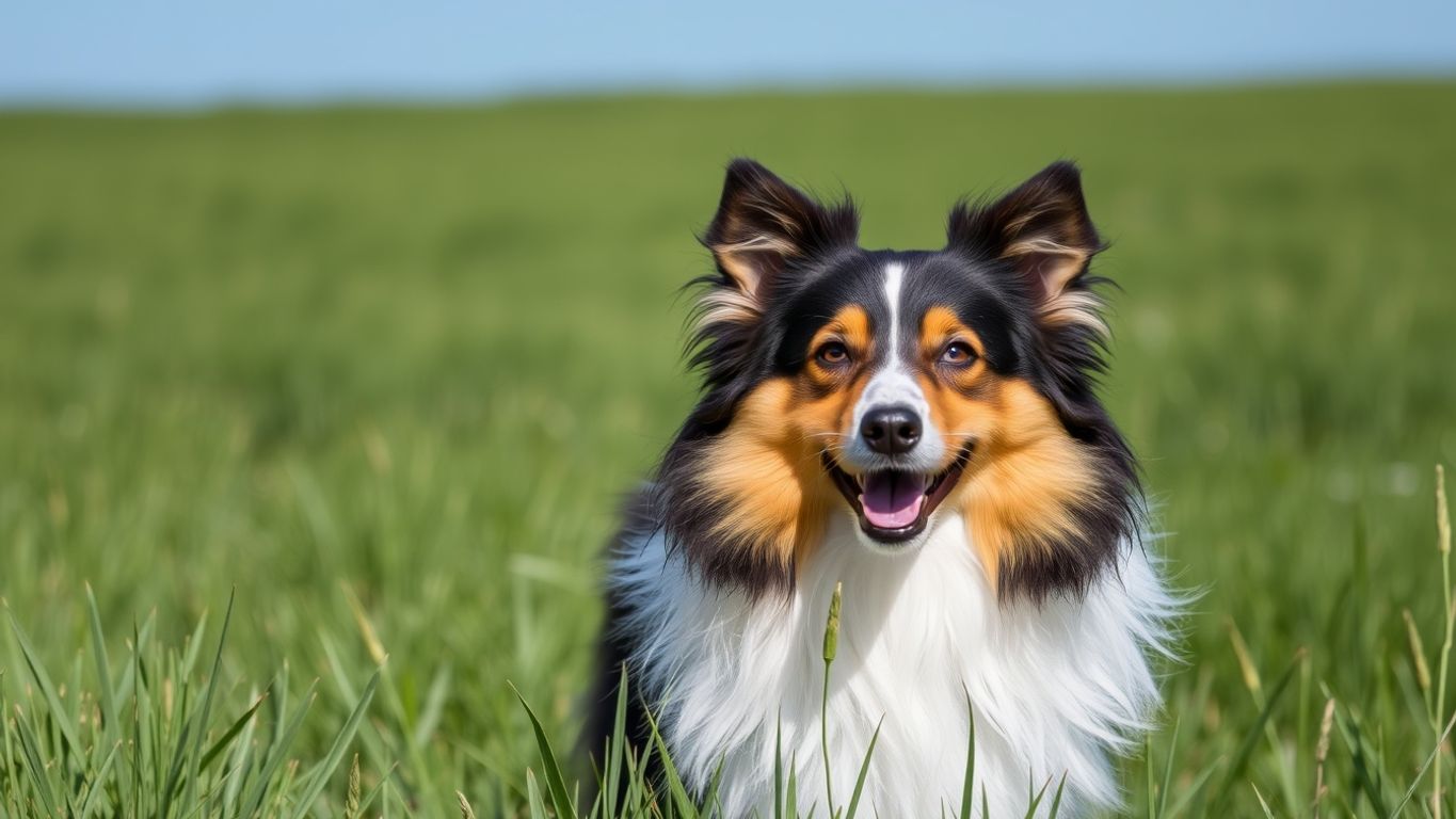 Shetland Sheepdog in a green field, looking alert.