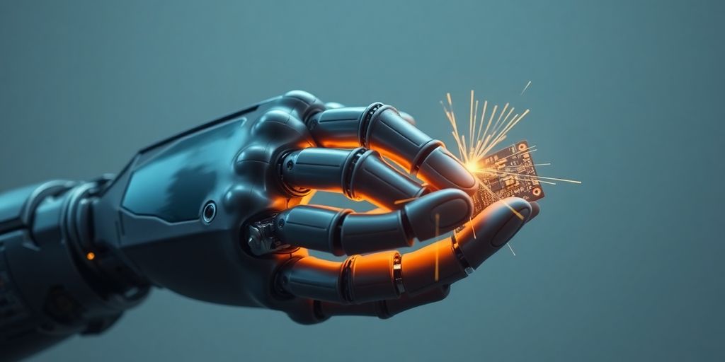 Robotic hand holding a glowing circuit board.