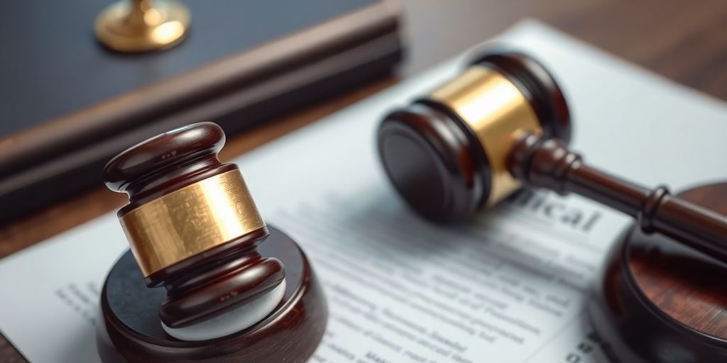 Gavel and legal documents on a wooden table.