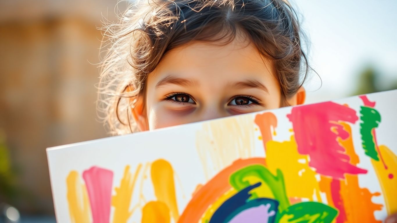 Child proudly holding up a colorful, abstract painting.