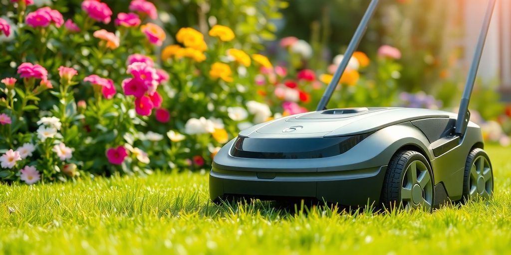 En robotgräsklippare klipper gräset i en trädgård