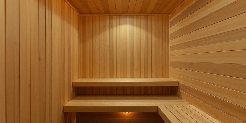 Cozy home sauna interior, warm light, relaxing atmosphere.