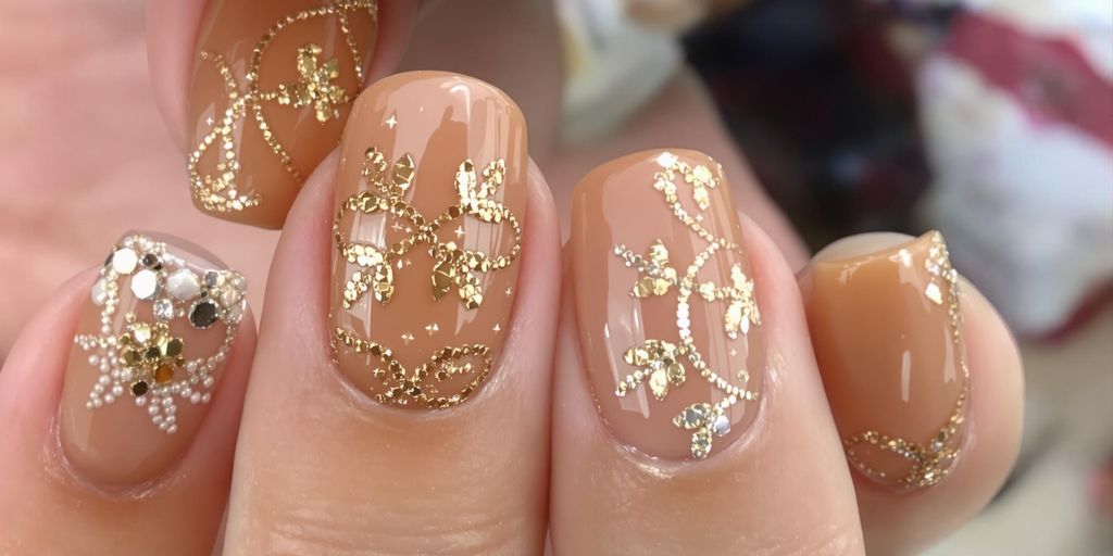 Unhas caramelo decoradas com detalhes dourados.