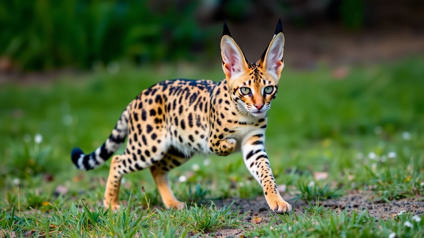 A serval cat in a grassy field, ready to pounce.