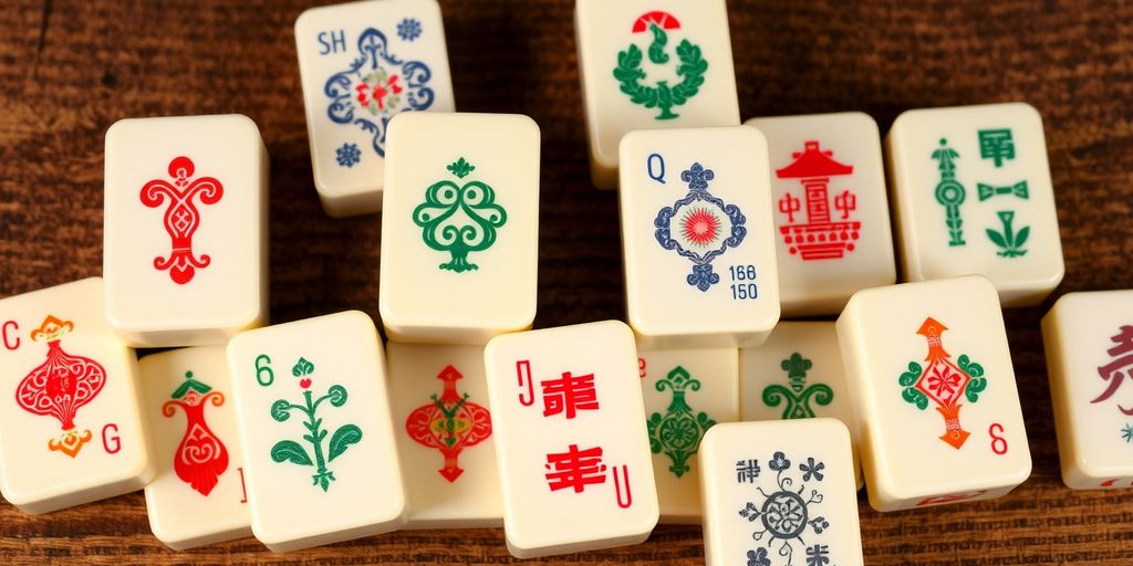 Colorful Mahjong tiles on a wooden background.