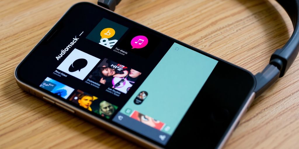 Smartphone showing Audiomack app with music playlists.