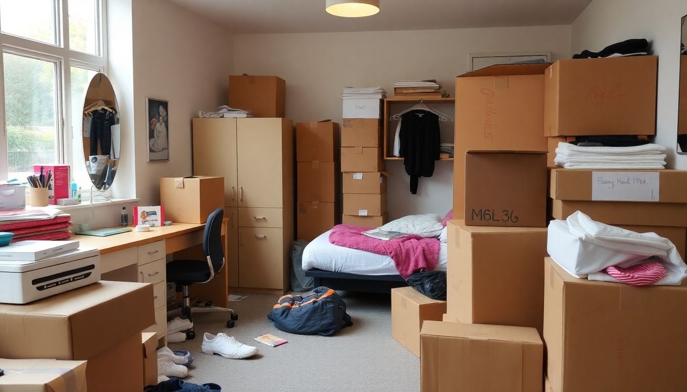 Student room being cleared with boxes and furniture.