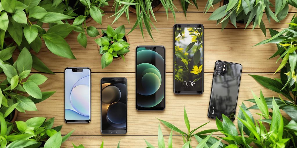 Nachhaltige Smartphones auf einem Holztisch mit Pflanzen.