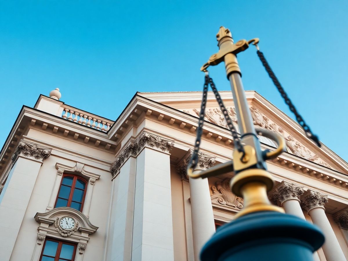 Curte de justiție clasică sub un cer albastru.