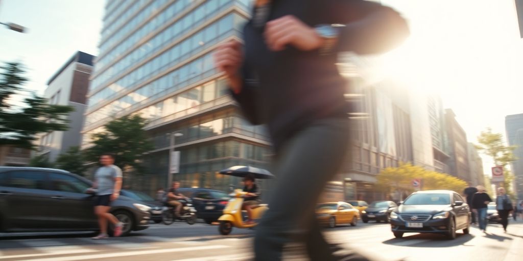 Person quickly moving in a bustling city.