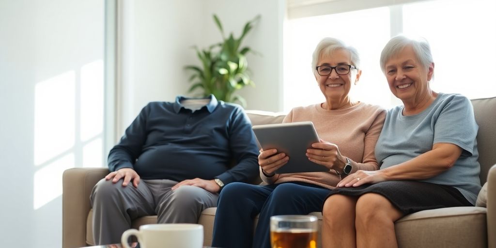 Elderly Aussie couple chatting with friendly My Aged Care assessor.