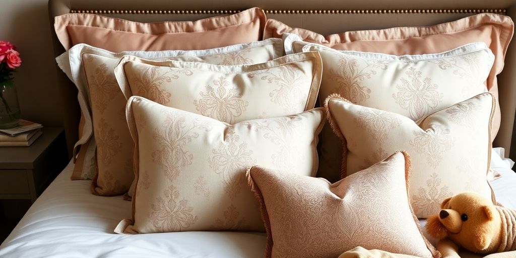 Cozy bedroom with luxurious bedding and decorative pillows.