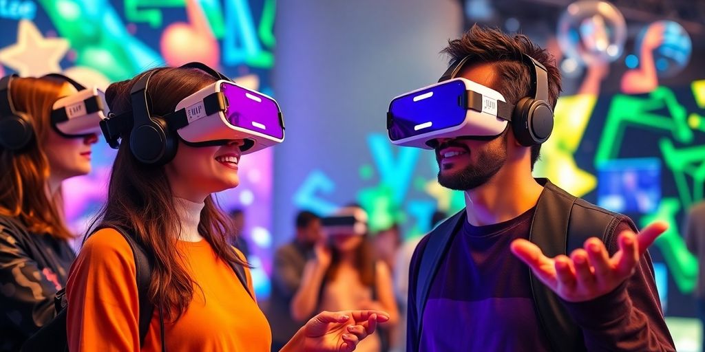 Pessoas usando headsets de realidade virtual em publicidade.