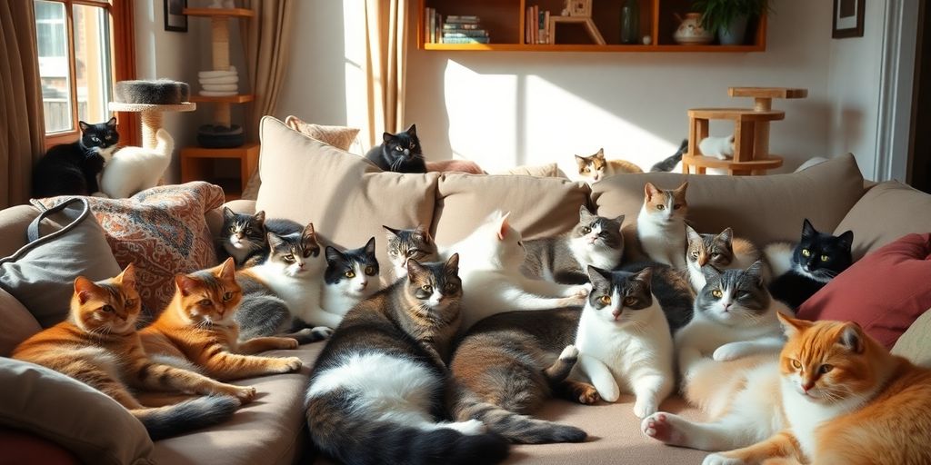 Playful cats interacting in a cozy living room.