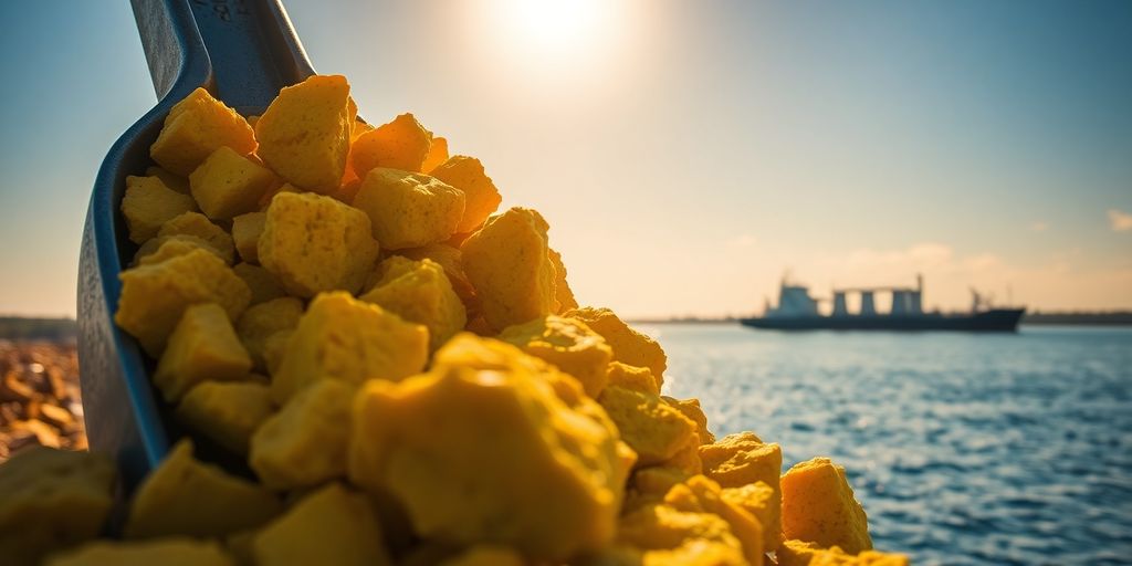 Uranium ore scoop in foreground; nuclear plant, ship on horizon.
