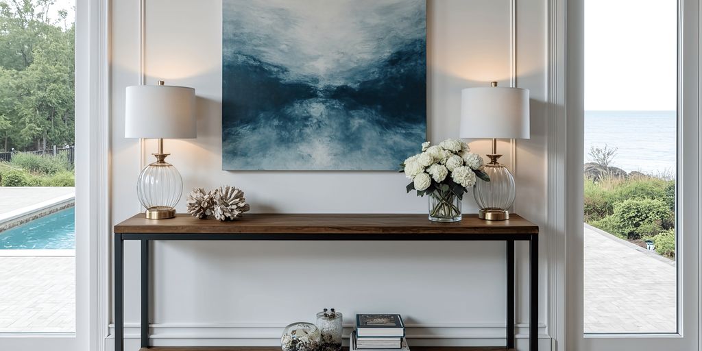 Modern entryway with a console table, lamps, and artwork.