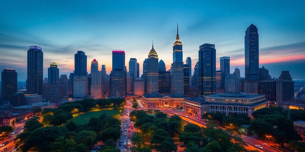City skyline at dusk with illuminated skyscrapers and parks.