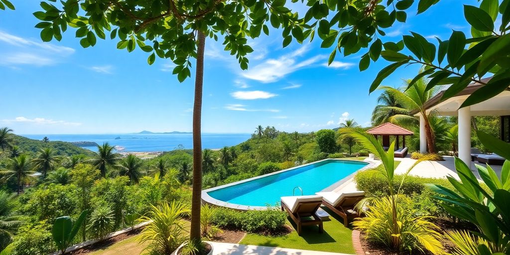 Luxury property in Phuket with pool and lush greenery.