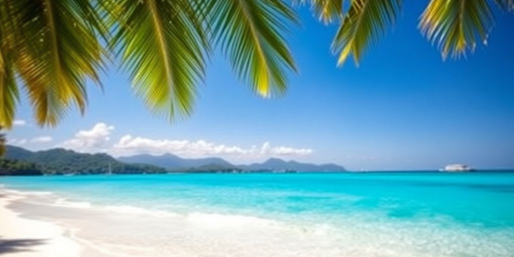 Tropical beach, clear water, palm trees