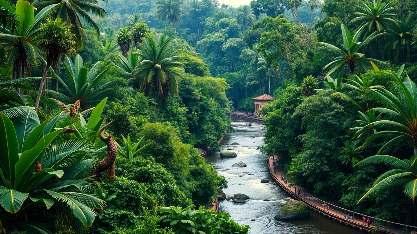 Lush Amazon rainforest with vibrant greenery and wildlife.