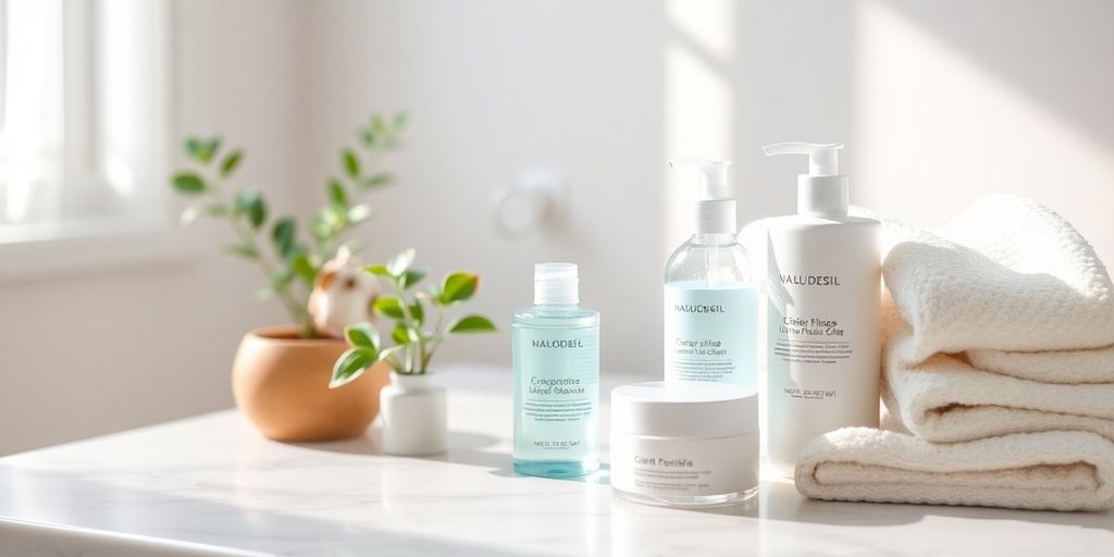 Gentle skincare products in a calming bathroom environment.