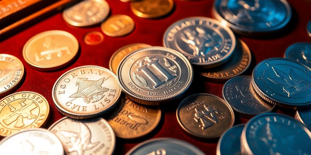 Diverse coins in a wooden display case.
