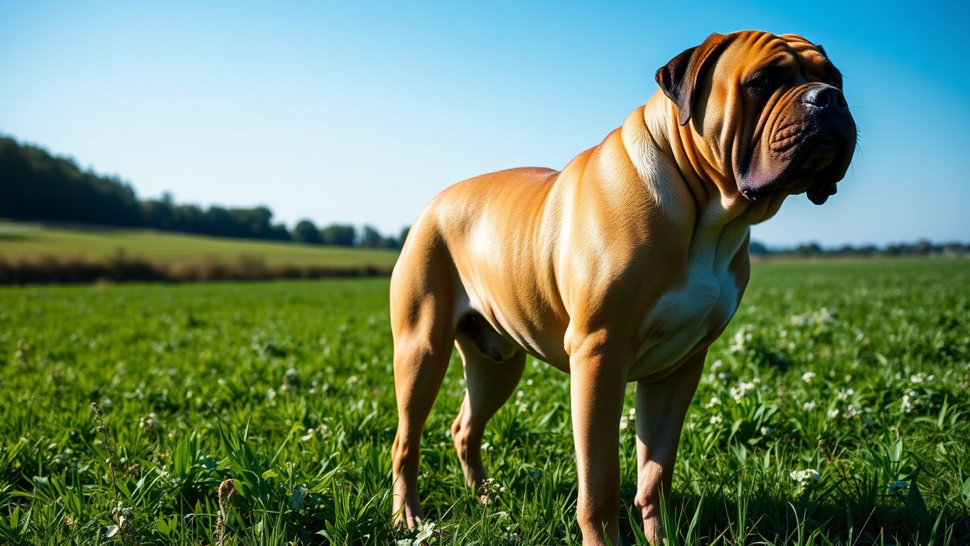 A strong Mastiff in a green field.