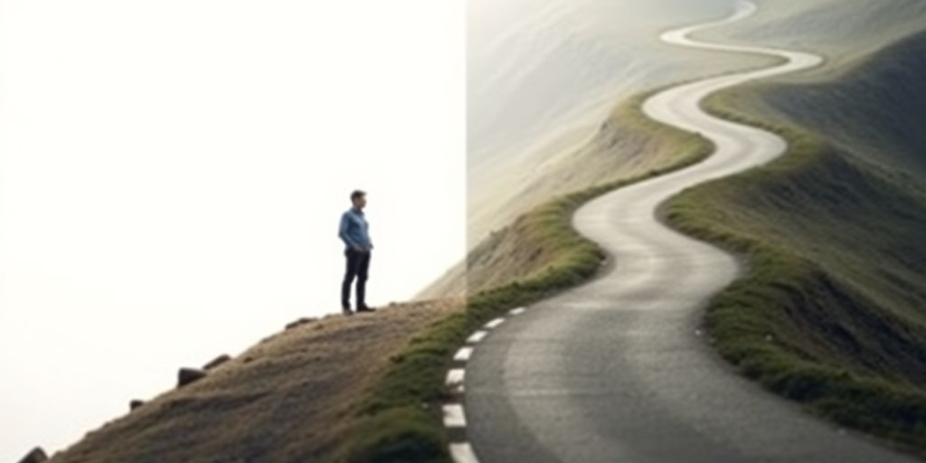 Two distinct paths converging, a person choosing.