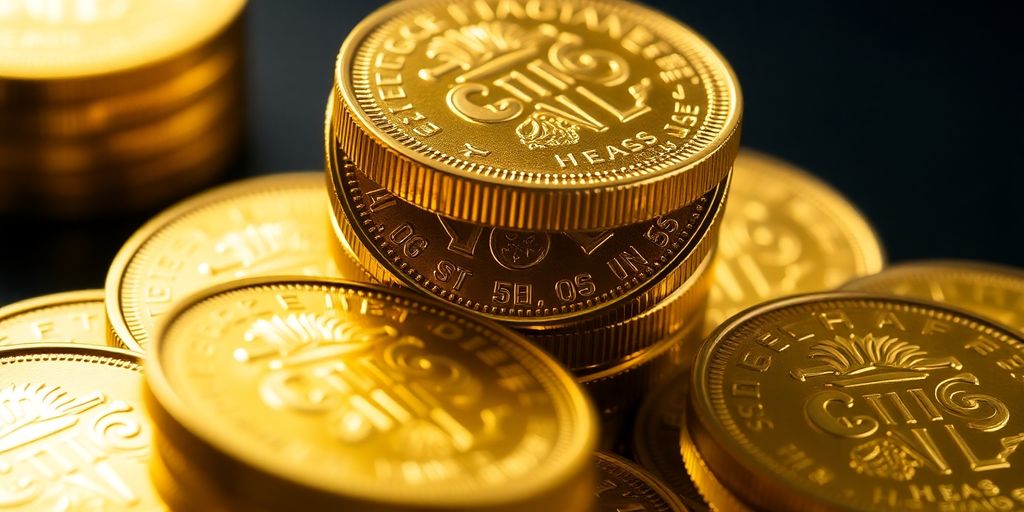 Pièces d'or Krugerrand empilées et brillantes.