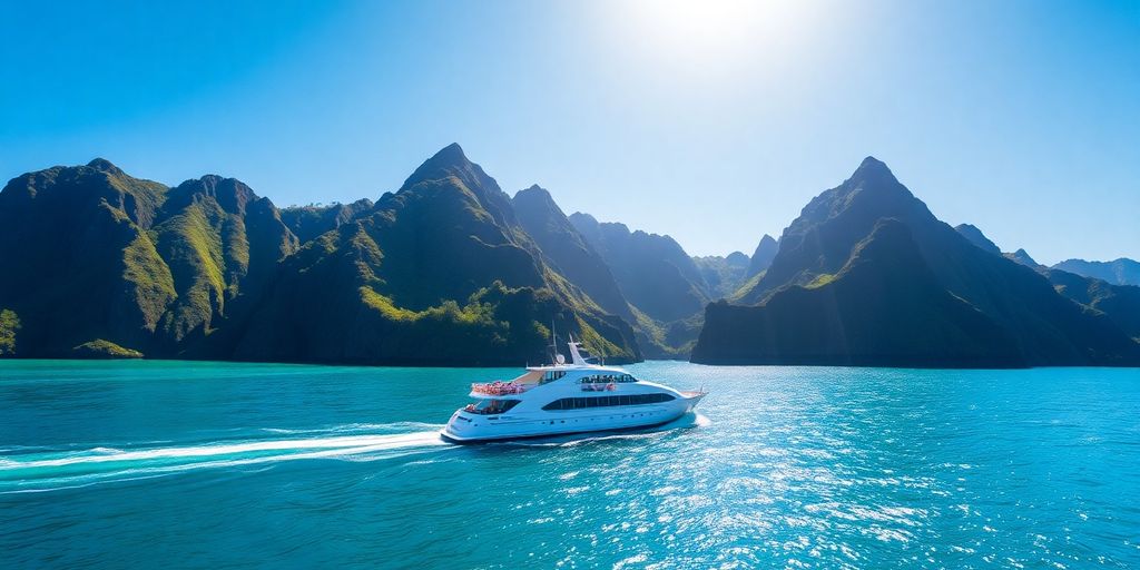 Cruise ship navigating turquoise waters beside lush volcanic tropical islands