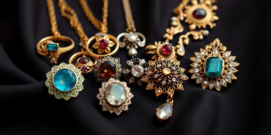 Anciens bijoux d'héritage posés sur un tissu doux.