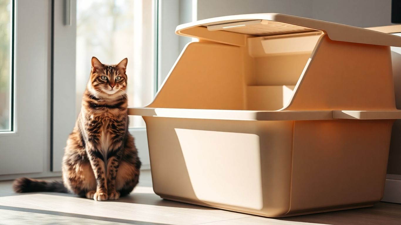 Tabby cat beside extra large high sided litter box