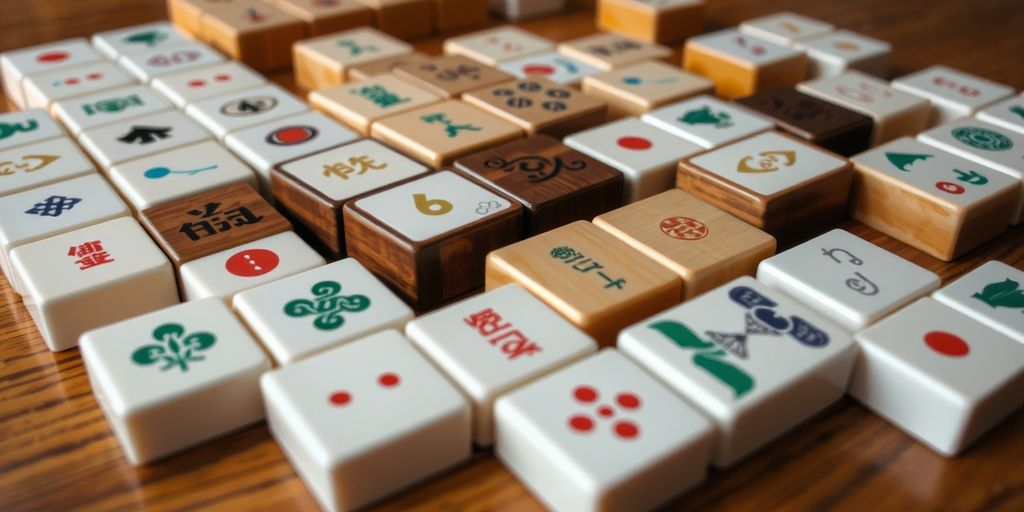 Mahjong tiles of wood, bamboo, acrylic on table.