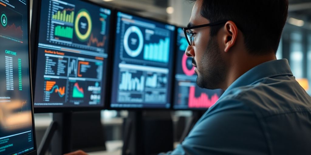 Professional analyzing security data on multiple monitors.