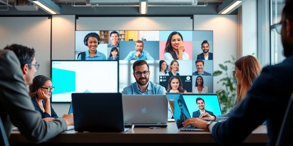 Group of professionals engaged in a video conference meeting, with multiple screens displaying remote participants, showcasing AONMeetings browser-based video conferencing solution for effective remote collaboration.