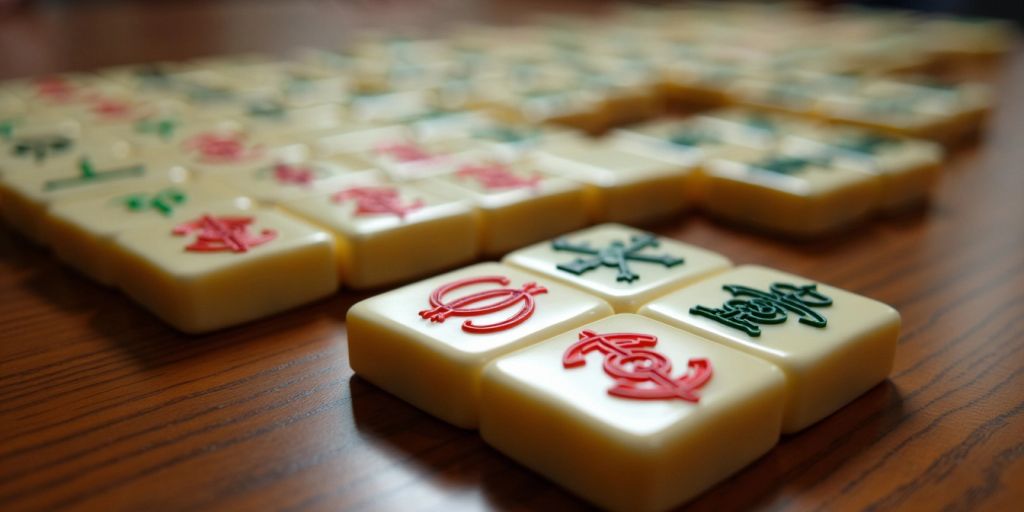 Close-up of Mahjong tiles on a wooden table.